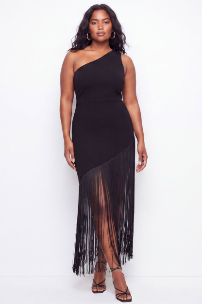 Plus Size Black One Shoulder Maxi Wedding Guest Dress with Fringes