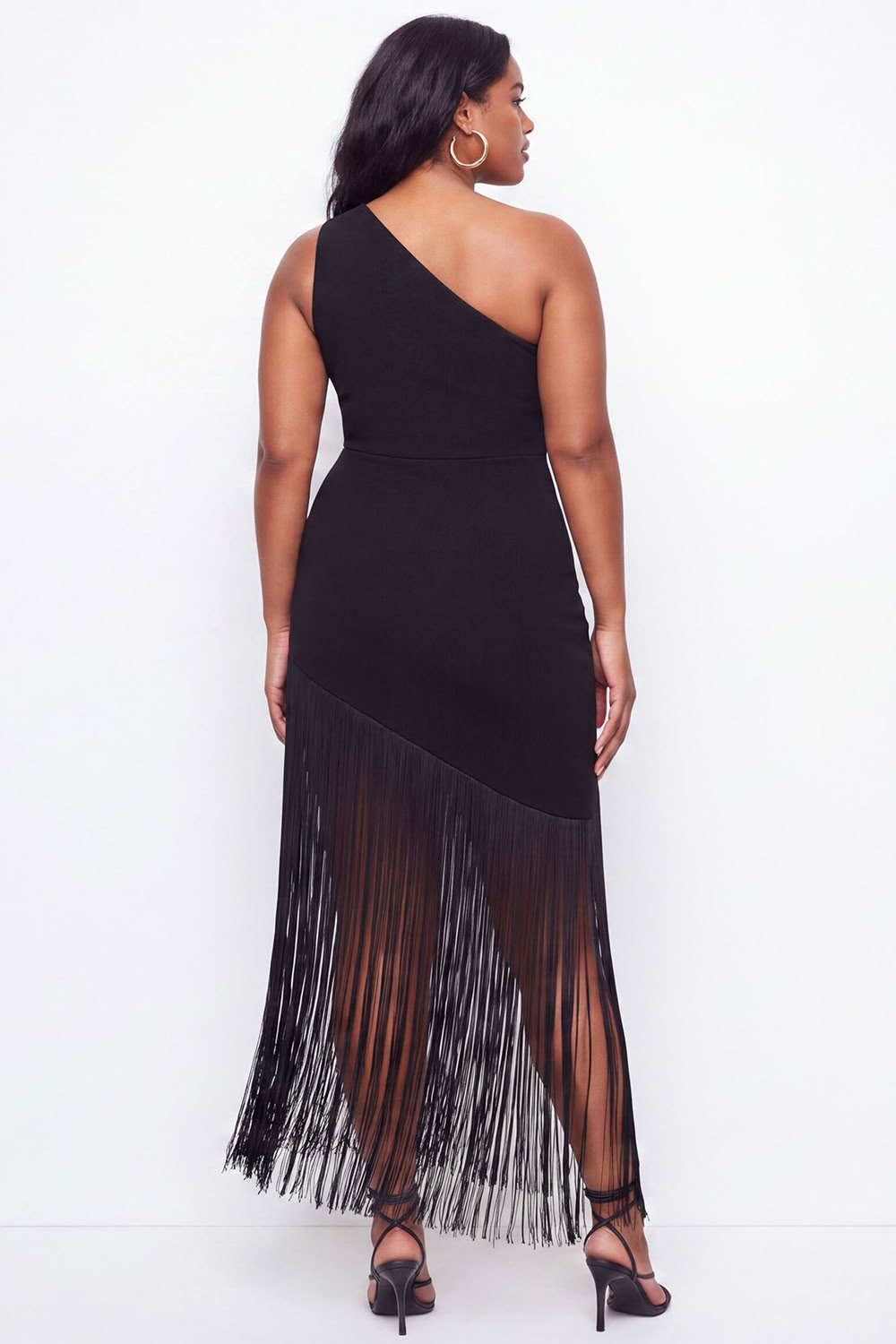 Plus Size Black One Shoulder Maxi Wedding Guest Dress with Fringes