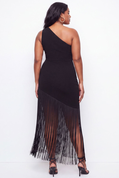 Plus Size Black One Shoulder Maxi Wedding Guest Dress with Fringes