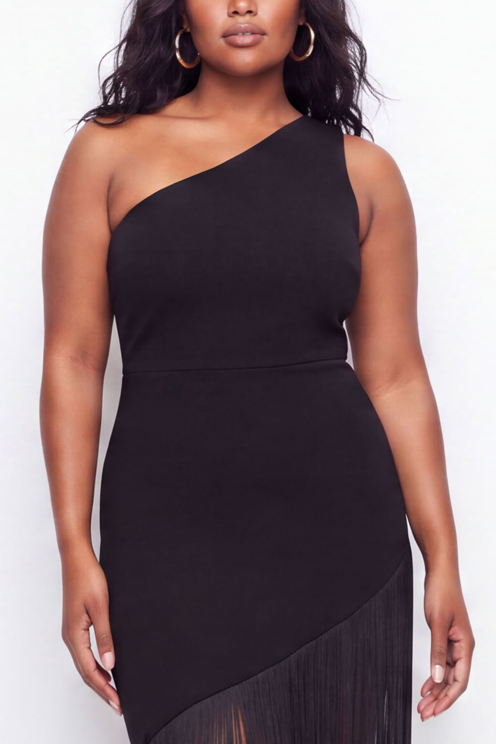 Plus Size Black One Shoulder Maxi Wedding Guest Dress with Fringes