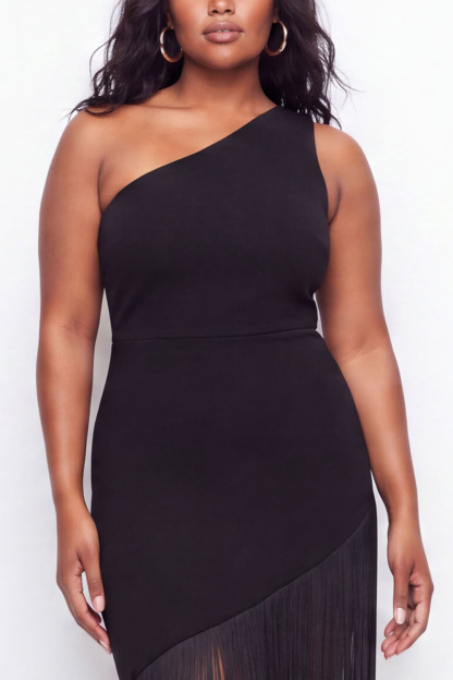 Plus Size Black One Shoulder Maxi Wedding Guest Dress with Fringes