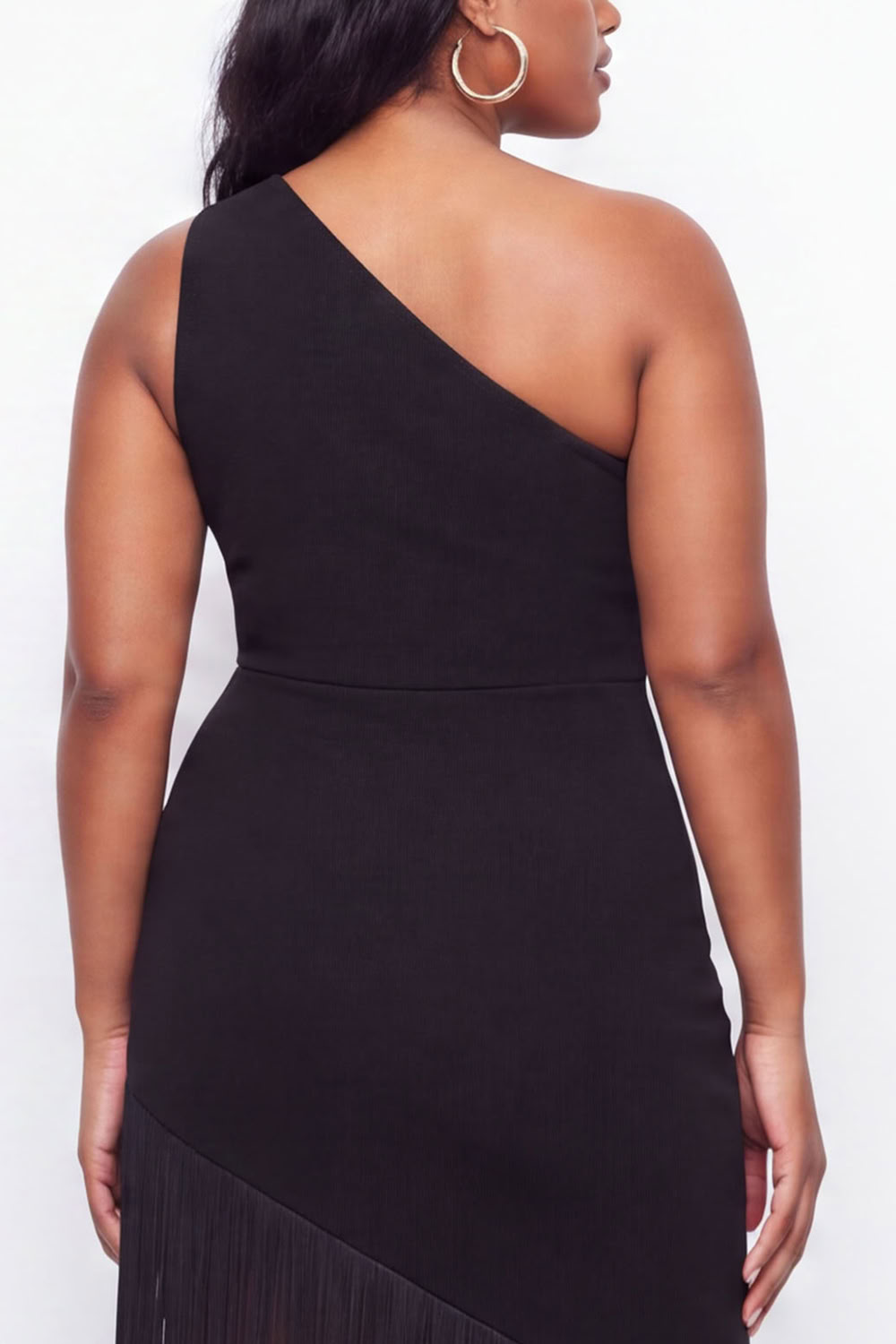 Plus Size Black One Shoulder Maxi Wedding Guest Dress with Fringes