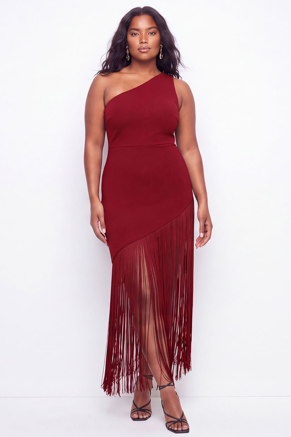 Plus Size Black One Shoulder Maxi Wedding Guest Dress with Fringes