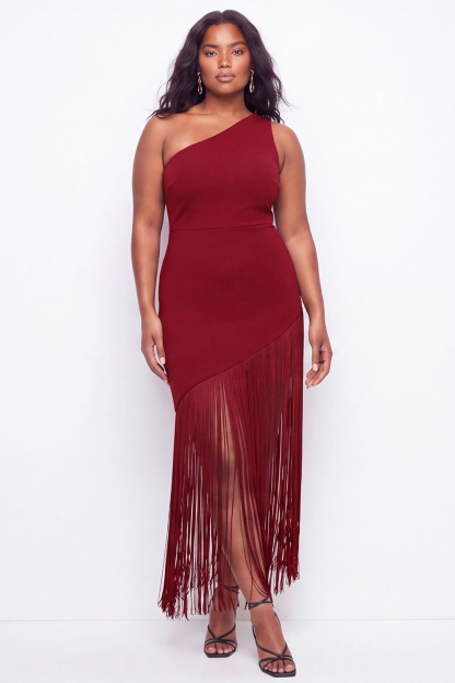 Plus Size Black One Shoulder Maxi Wedding Guest Dress with Fringes