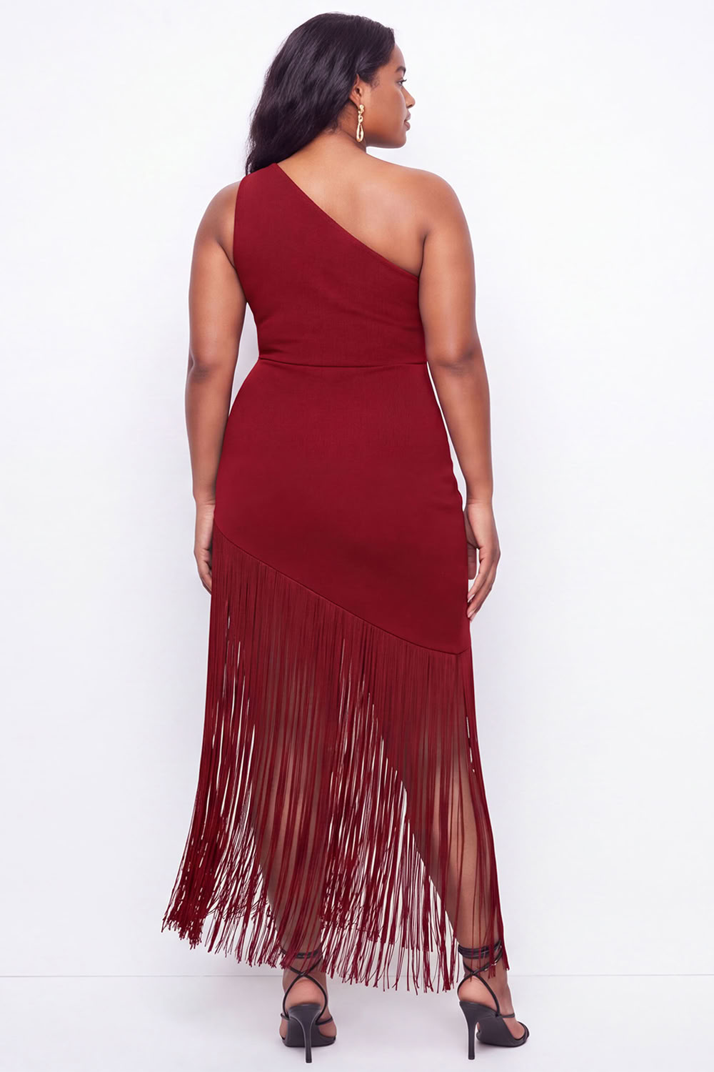 Plus Size Black One Shoulder Maxi Wedding Guest Dress with Fringes