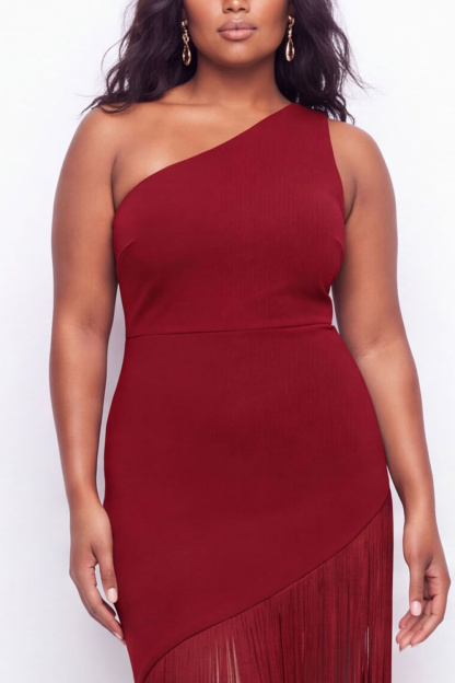 Plus Size Black One Shoulder Maxi Wedding Guest Dress with Fringes