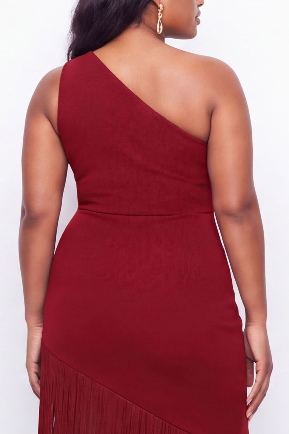 Plus Size Black One Shoulder Maxi Wedding Guest Dress with Fringes