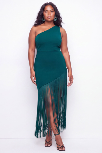 Dressself Women Black Wedding Guest Dress Plus Size One Shoulder Sleeveless Fringed Party Dress