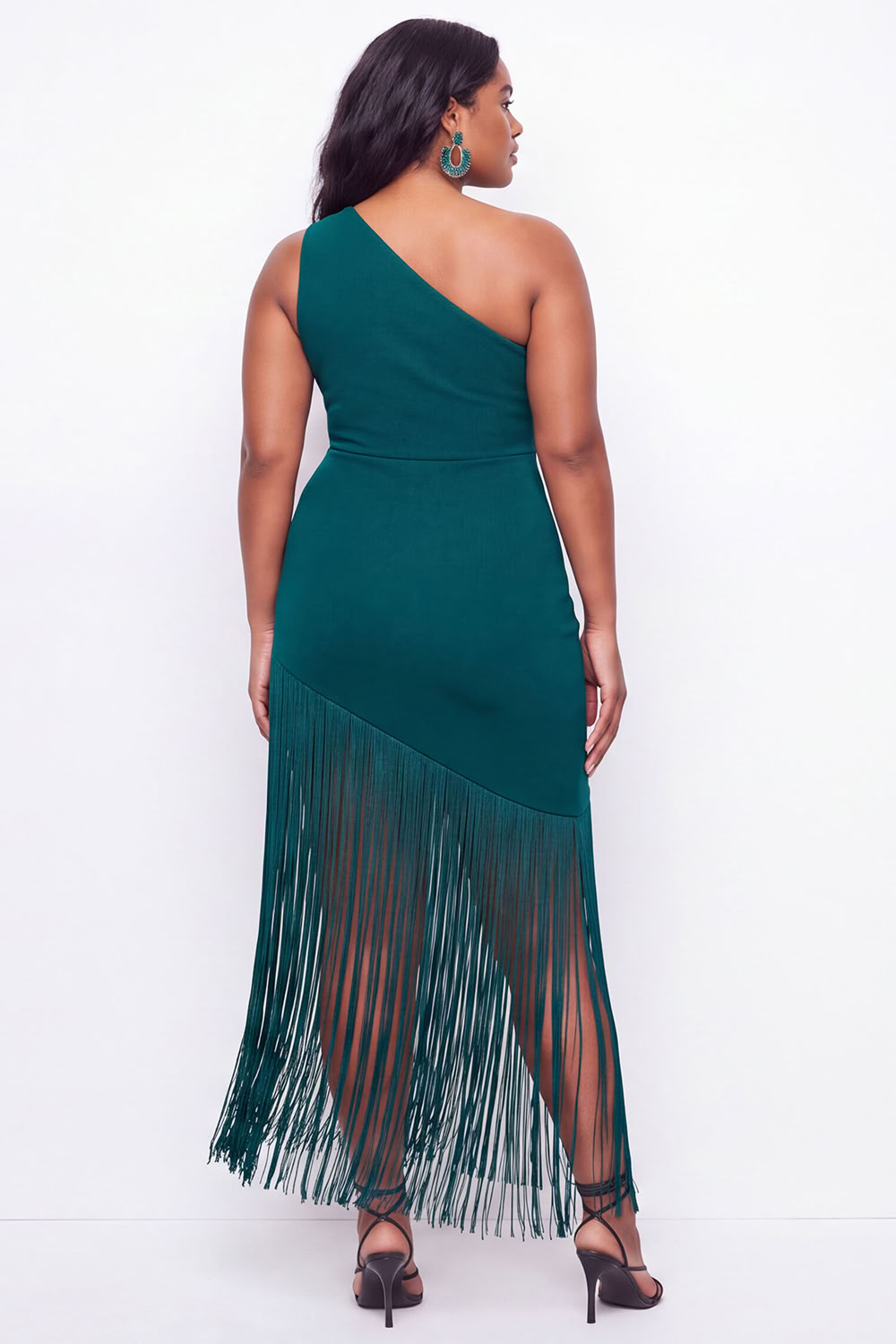 Plus Size Black One Shoulder Maxi Wedding Guest Dress with Fringes