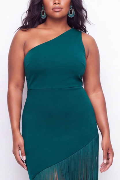 Plus Size Black One Shoulder Maxi Wedding Guest Dress with Fringes