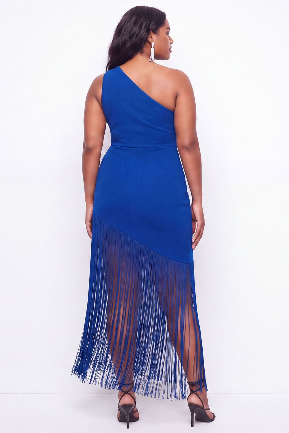Plus Size Black One Shoulder Maxi Wedding Guest Dress with Fringes