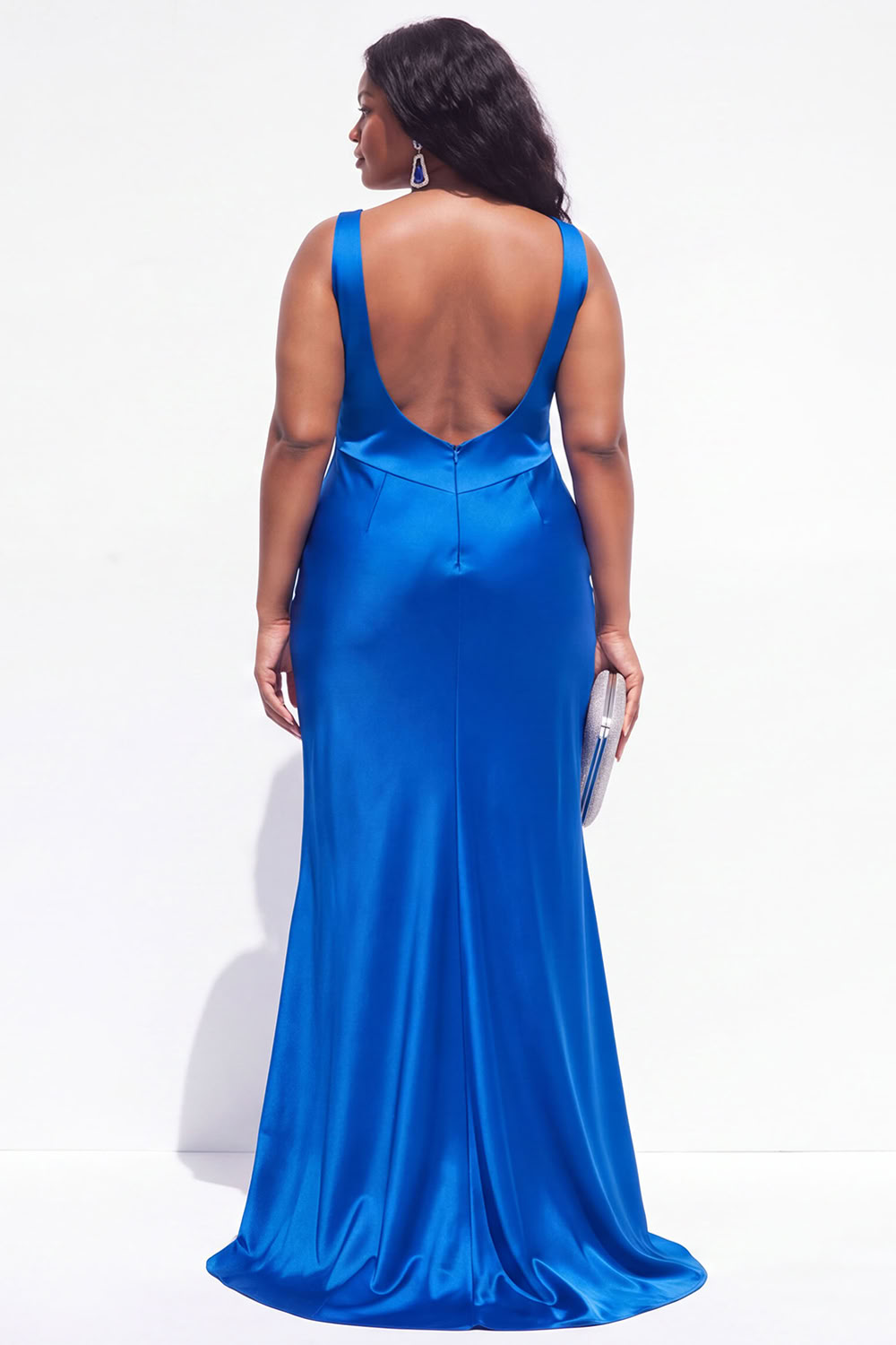 Royal Blue Plus Size Satin Mermaid V-Neck Backless Formal Dress
