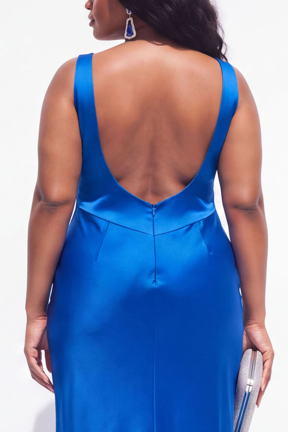 Royal Blue Plus Size Satin Mermaid V-Neck Backless Formal Dress