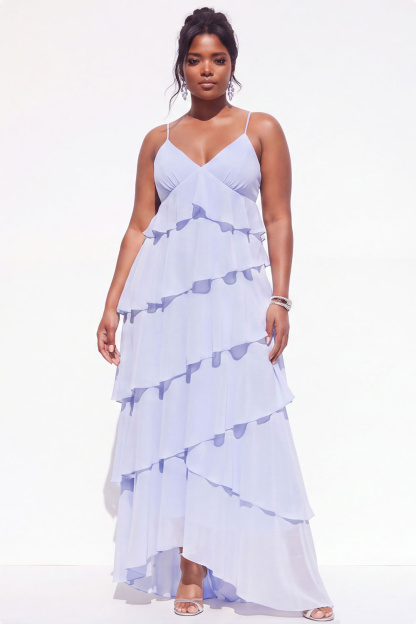 Blue A-Line Tiered Maxi Plus Size Wedding Guest Dress