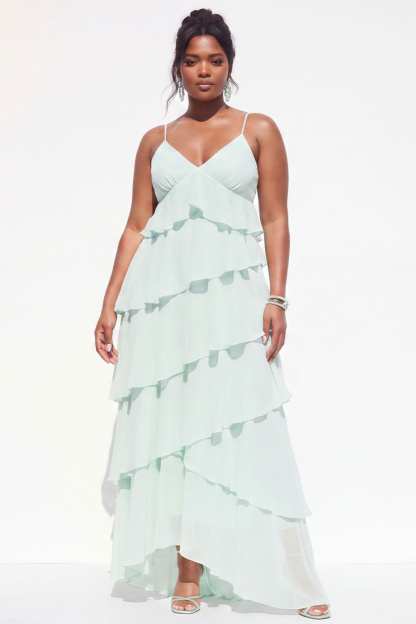Blue A-Line Tiered Maxi Plus Size Wedding Guest Dress