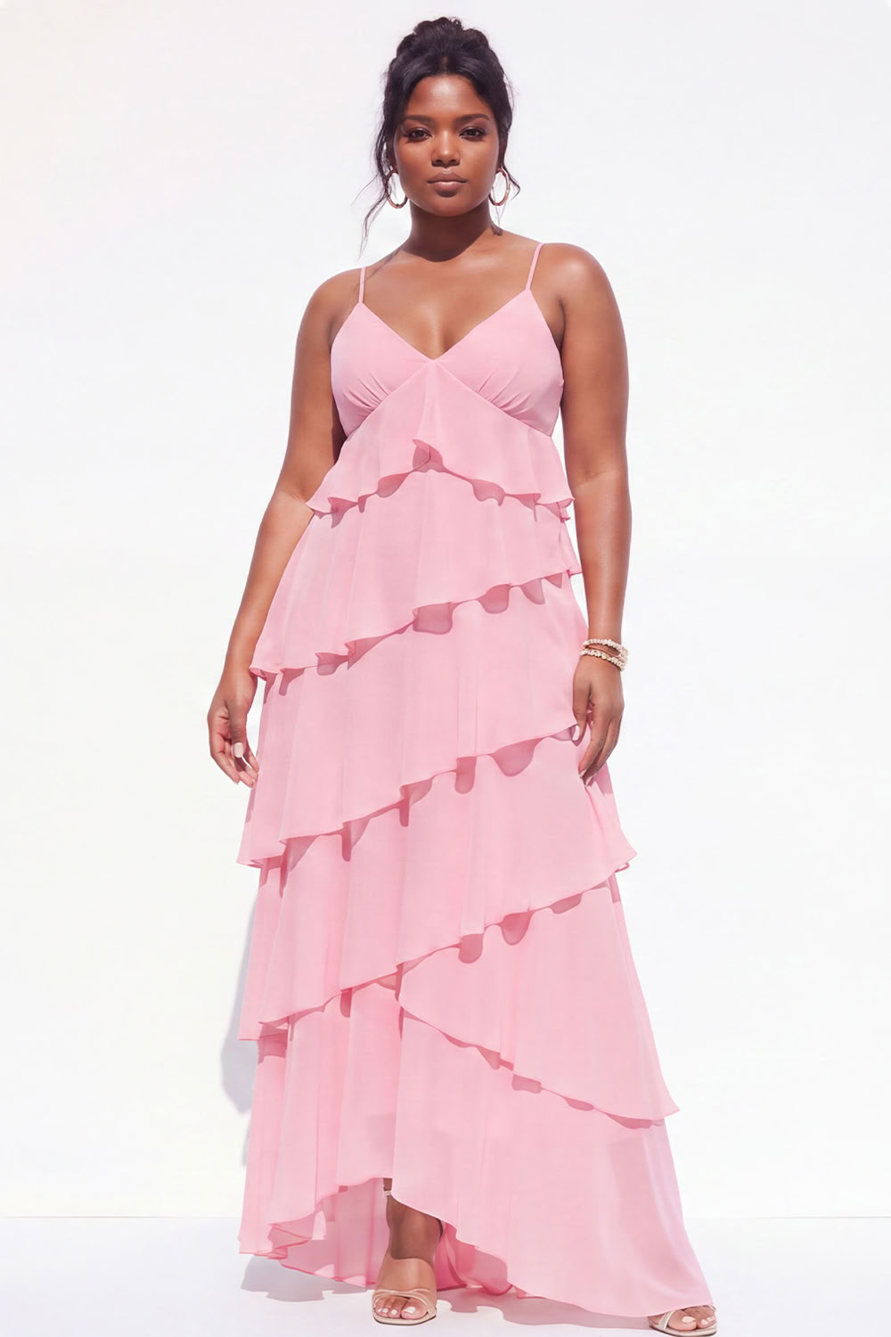 Dressself Women Blue Plus Size Wedding Guest Dress A-Line Tiered Chiffon V-Neck Spaghetti Straps Ruffled Party Dress