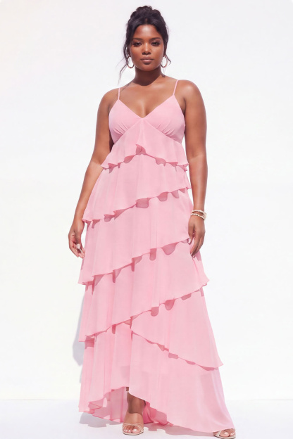 Dressself Women Blue Plus Size Wedding Guest Dress A-Line Tiered Chiffon V-Neck Spaghetti Straps Ruffled Party Dress