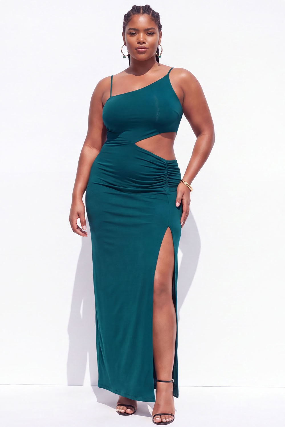 Dressself Women Black Maxi Wedding Guest Dress Plus Size Cut Out Spaghetti Straps Ruched Party Dress with Slit