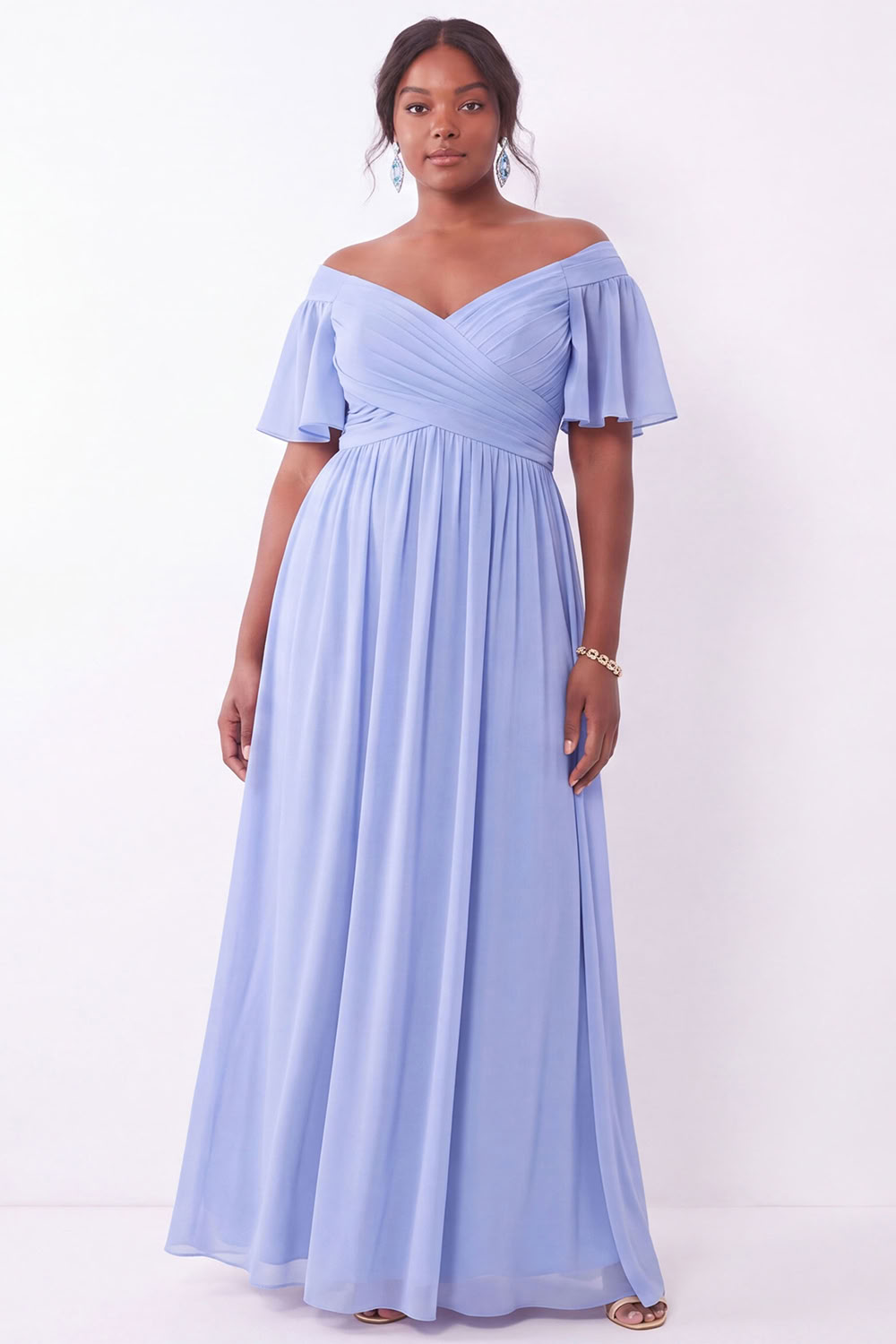 Blue A-Line Off the Shoulder Plus Size Maxi Wedding Guest Dress