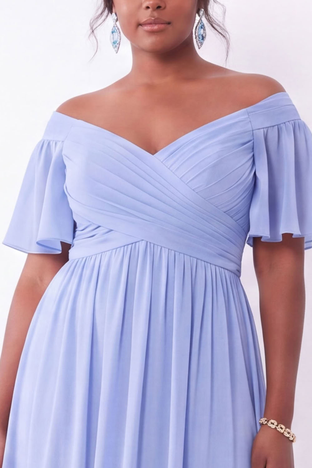 Blue A-Line Off the Shoulder Plus Size Maxi Wedding Guest Dress