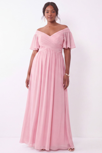 Blue A-Line Off the Shoulder Plus Size Maxi Wedding Guest Dress