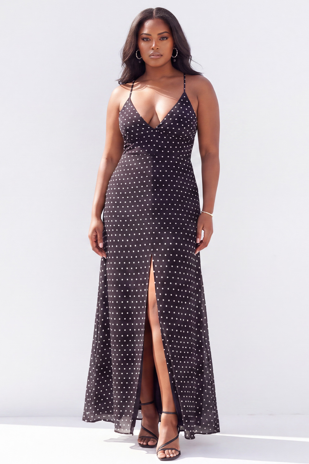 Plus Size Black White Polka Dot Spaghetti Straps Maxi Dress with Slit
