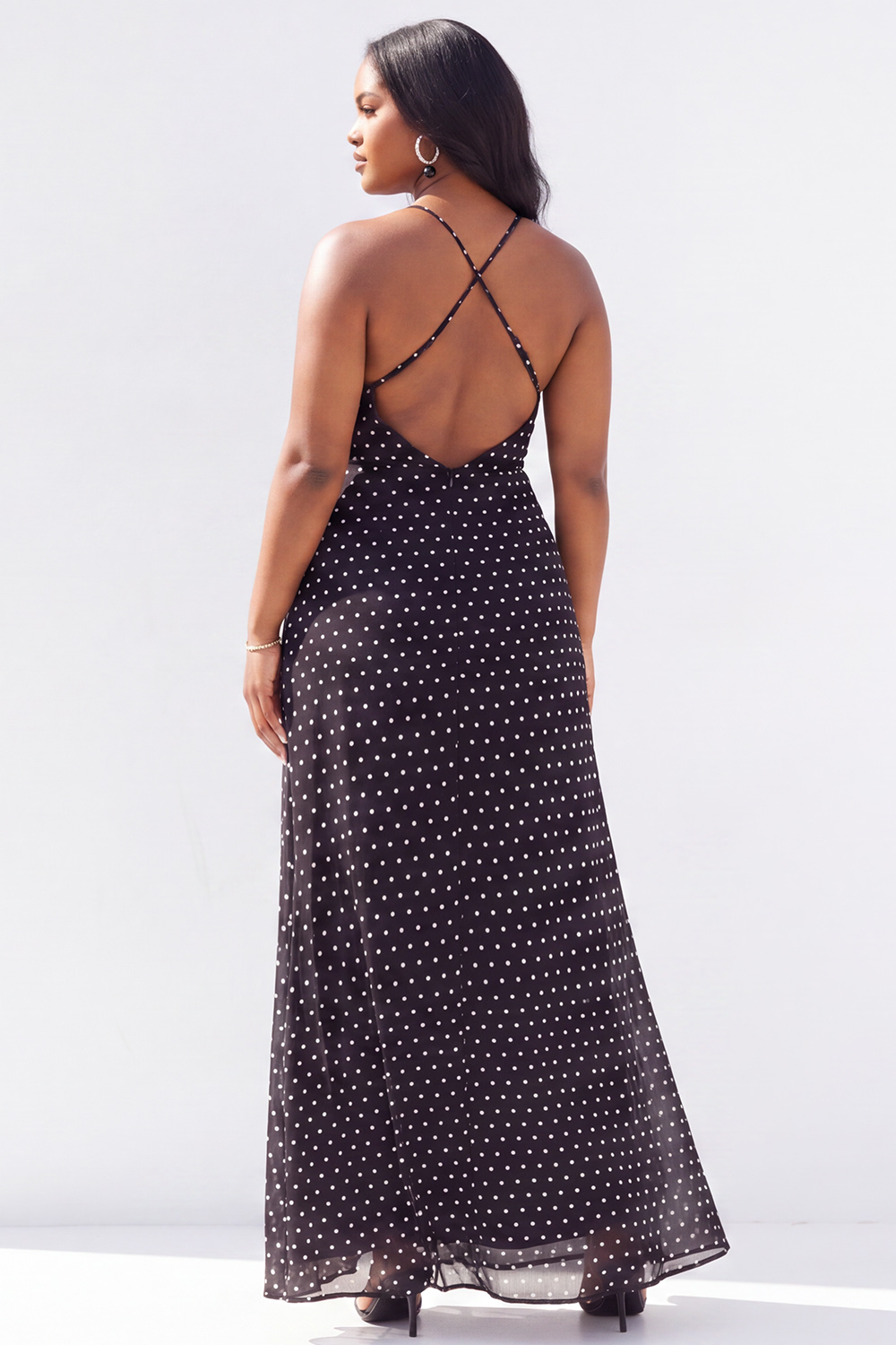 Plus Size Black White Polka Dot Spaghetti Straps Maxi Dress with Slit