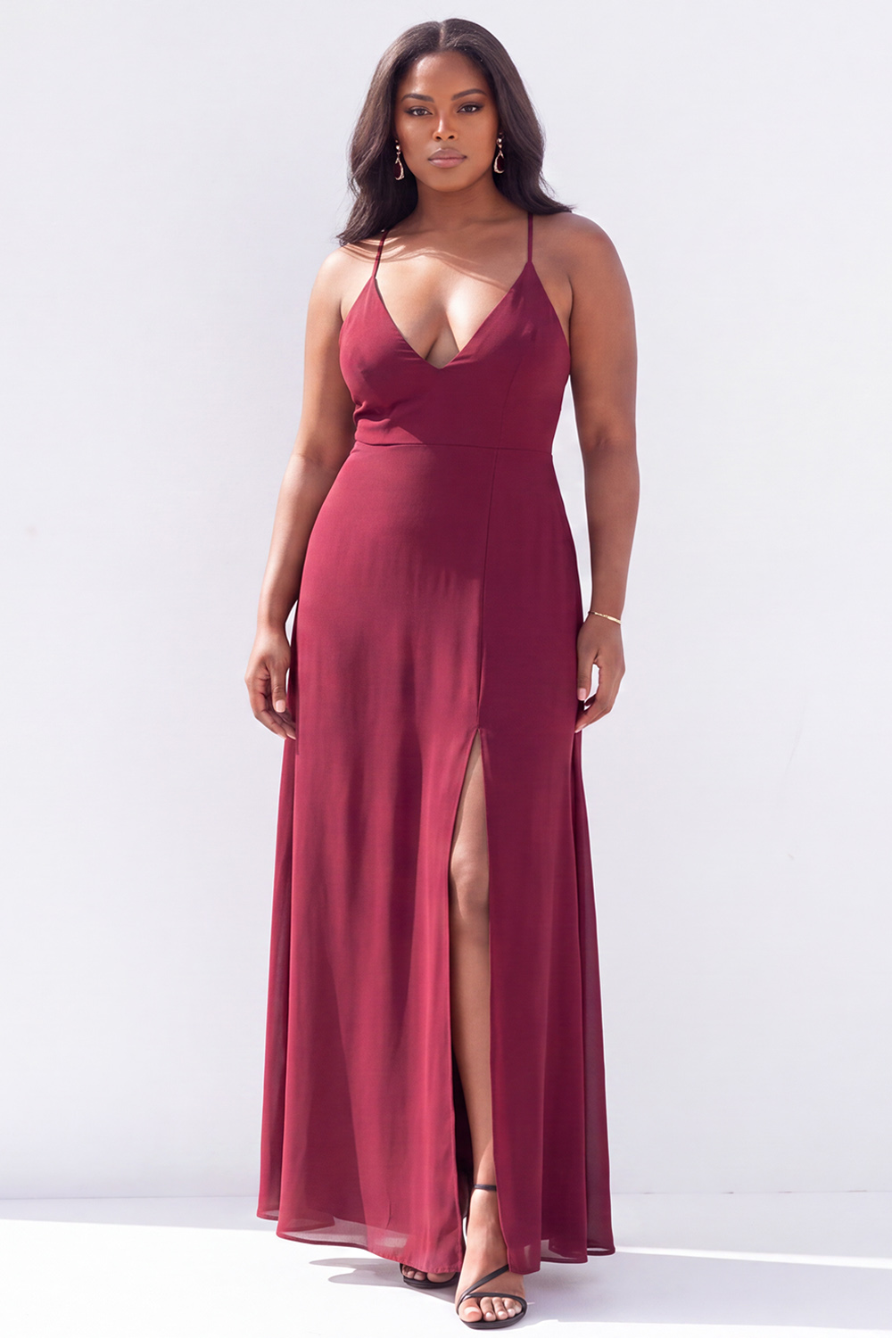 Plus Size Black White Polka Dot Spaghetti Straps Maxi Dress with Slit
