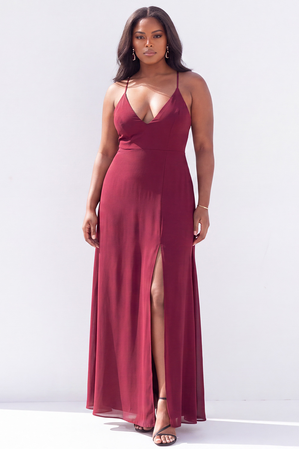 Plus Size Black White Polka Dot Spaghetti Straps Maxi Dress with Slit