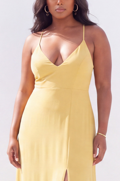 Plus Size Black White Polka Dot Spaghetti Straps Maxi Dress with Slit