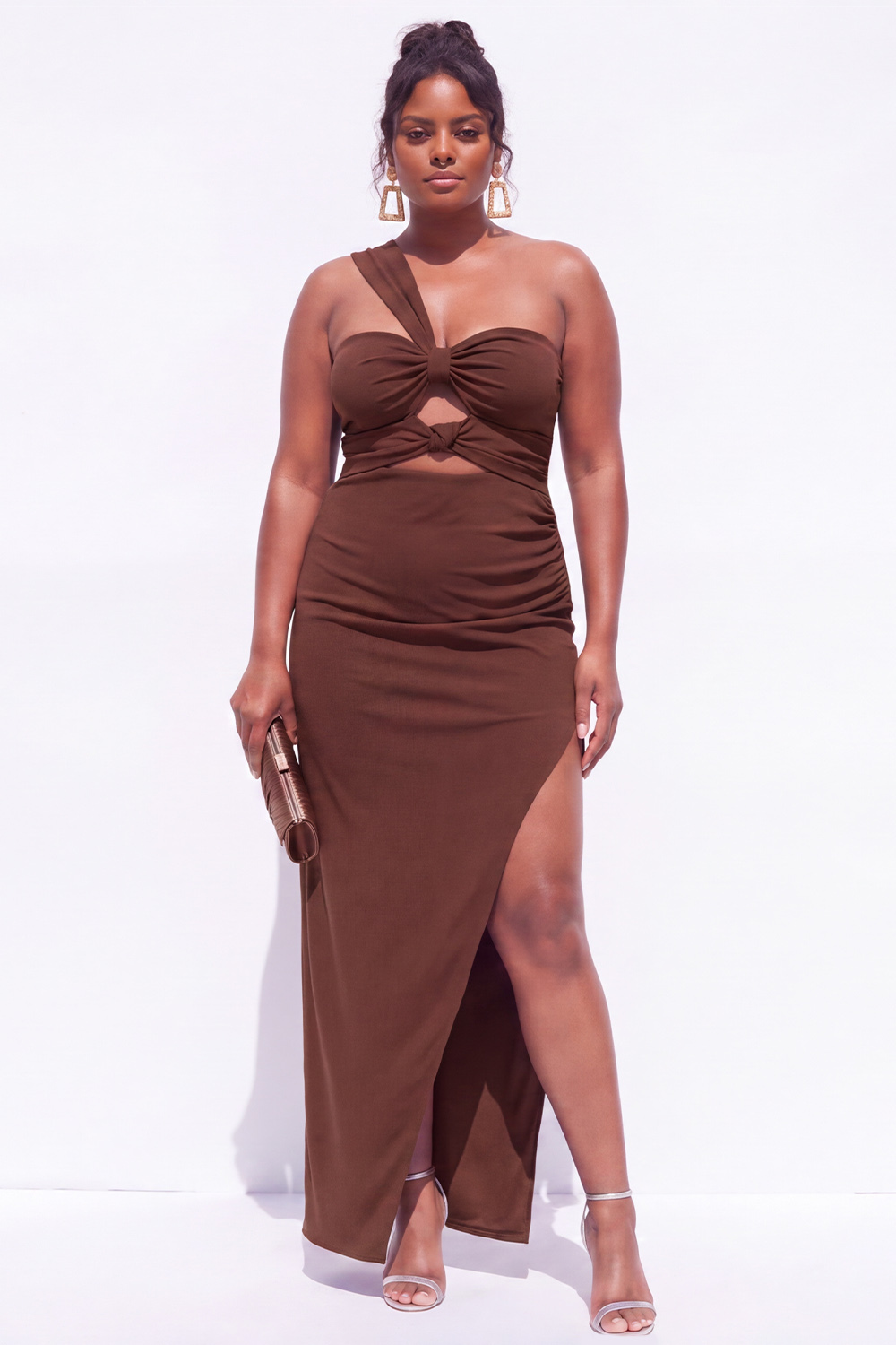 Dressself Women Brown Plus Size Formal Dress One Shoulder Cut Out Sheath Party Dress with Side Slit