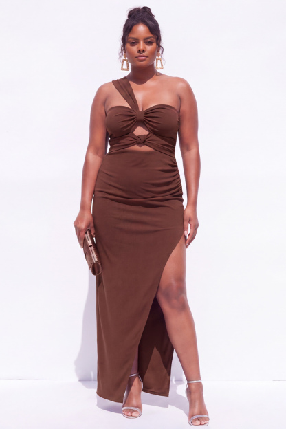 Dressself Women Brown Plus Size Formal Dress One Shoulder Cut Out Sheath Party Dress with Side Slit