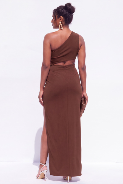Brown Plus Size One Shoulder Cut Out Formal Dress with Side Slit