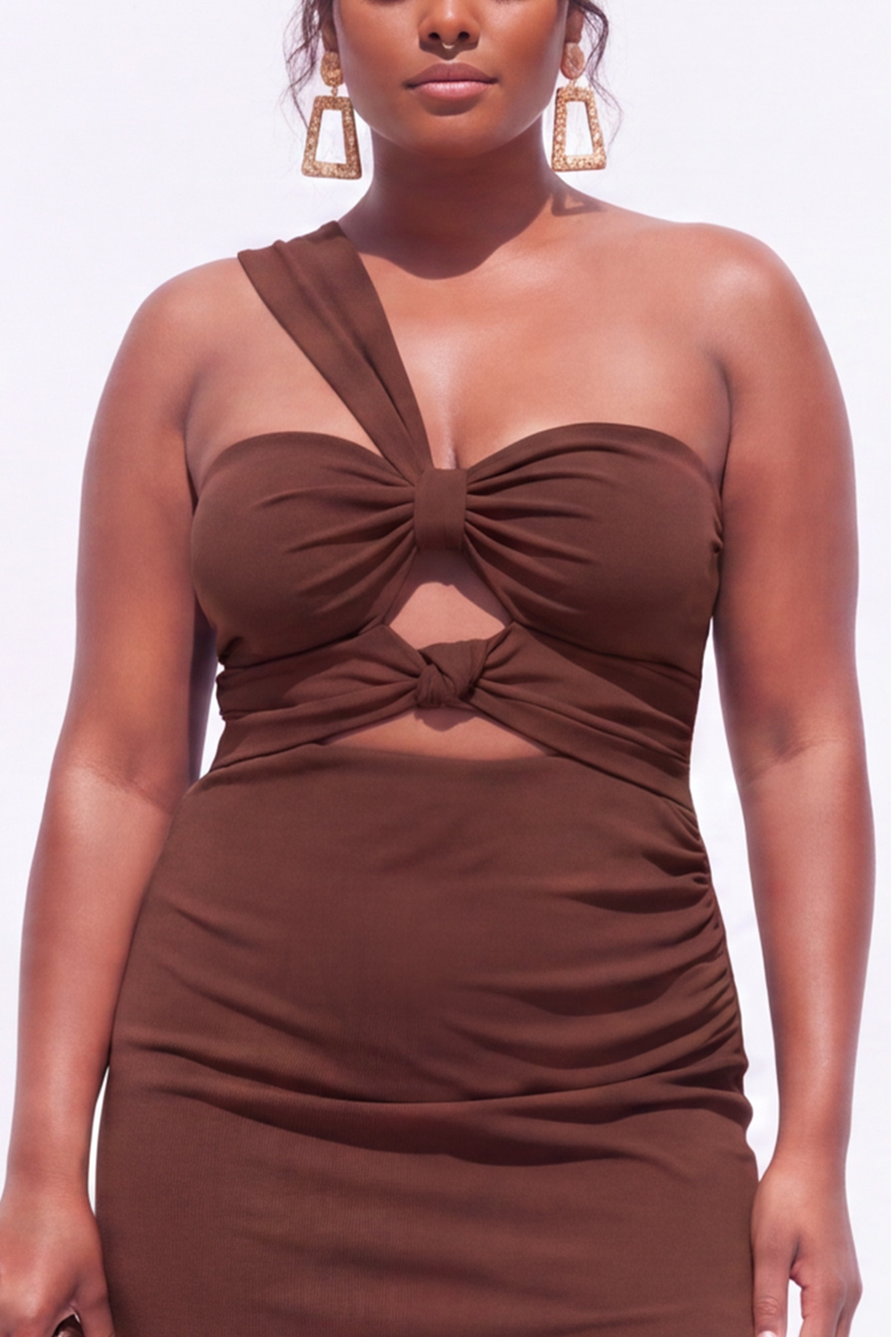 Brown Plus Size One Shoulder Cut Out Formal Dress with Side Slit