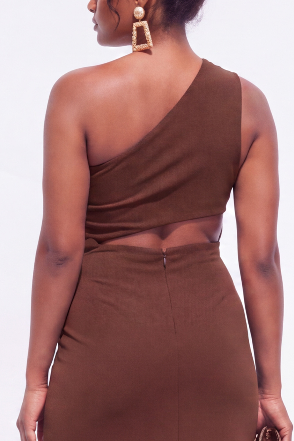 Brown Plus Size One Shoulder Cut Out Formal Dress with Side Slit