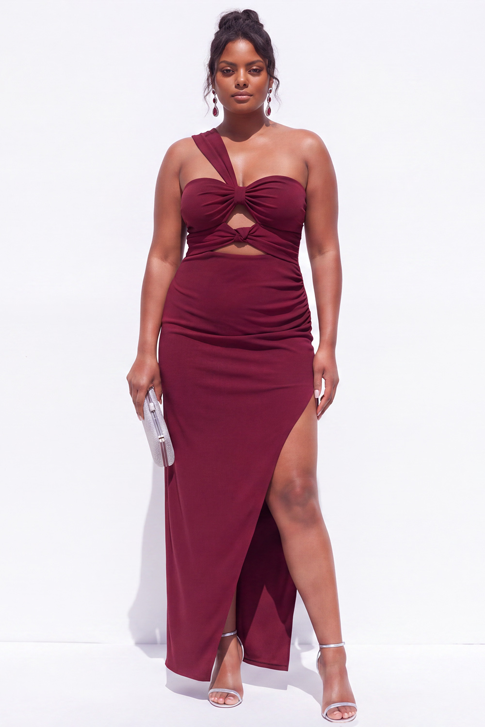 Brown Plus Size One Shoulder Cut Out Formal Dress with Side Slit