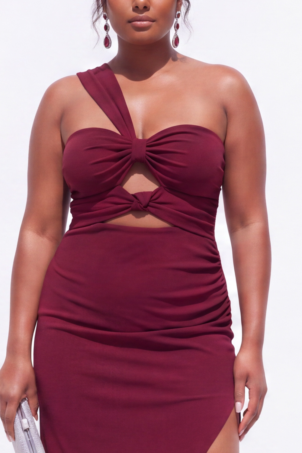 Brown Plus Size One Shoulder Cut Out Formal Dress with Side Slit