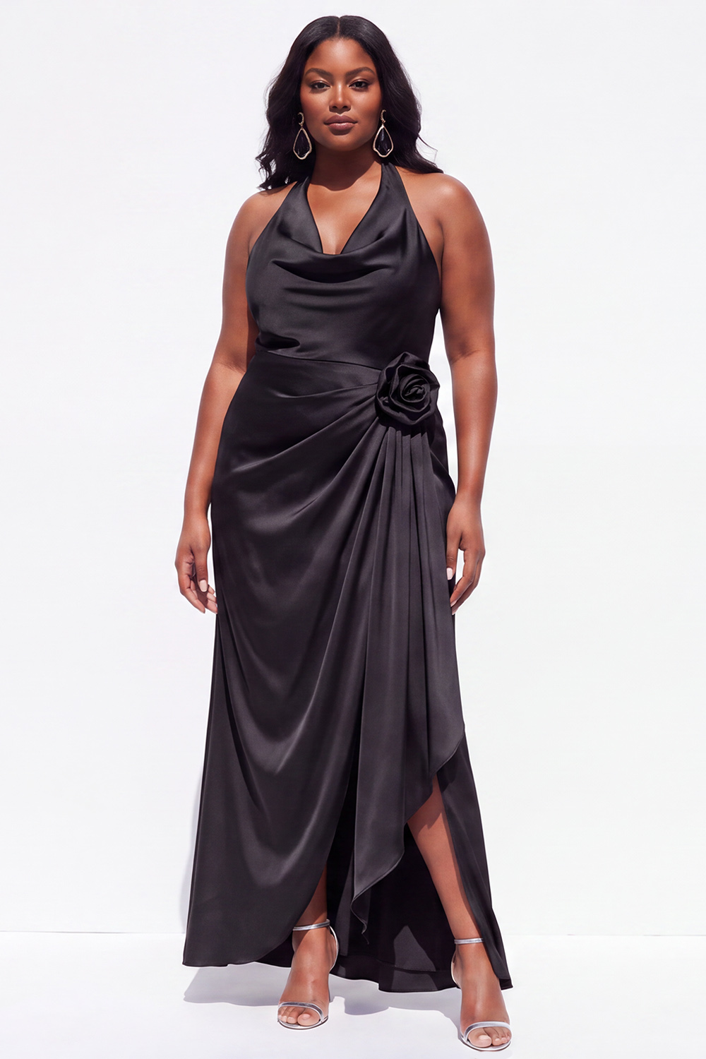 Halter Black Satin Sheath Ruched Plus Size Formal Dress with 3D Flower