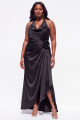 Halter Black Satin Sheath Ruched Plus Size Formal Dress with 3D Flower