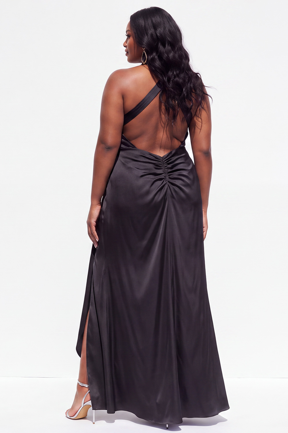 Halter Black Satin Sheath Ruched Plus Size Formal Dress with 3D Flower