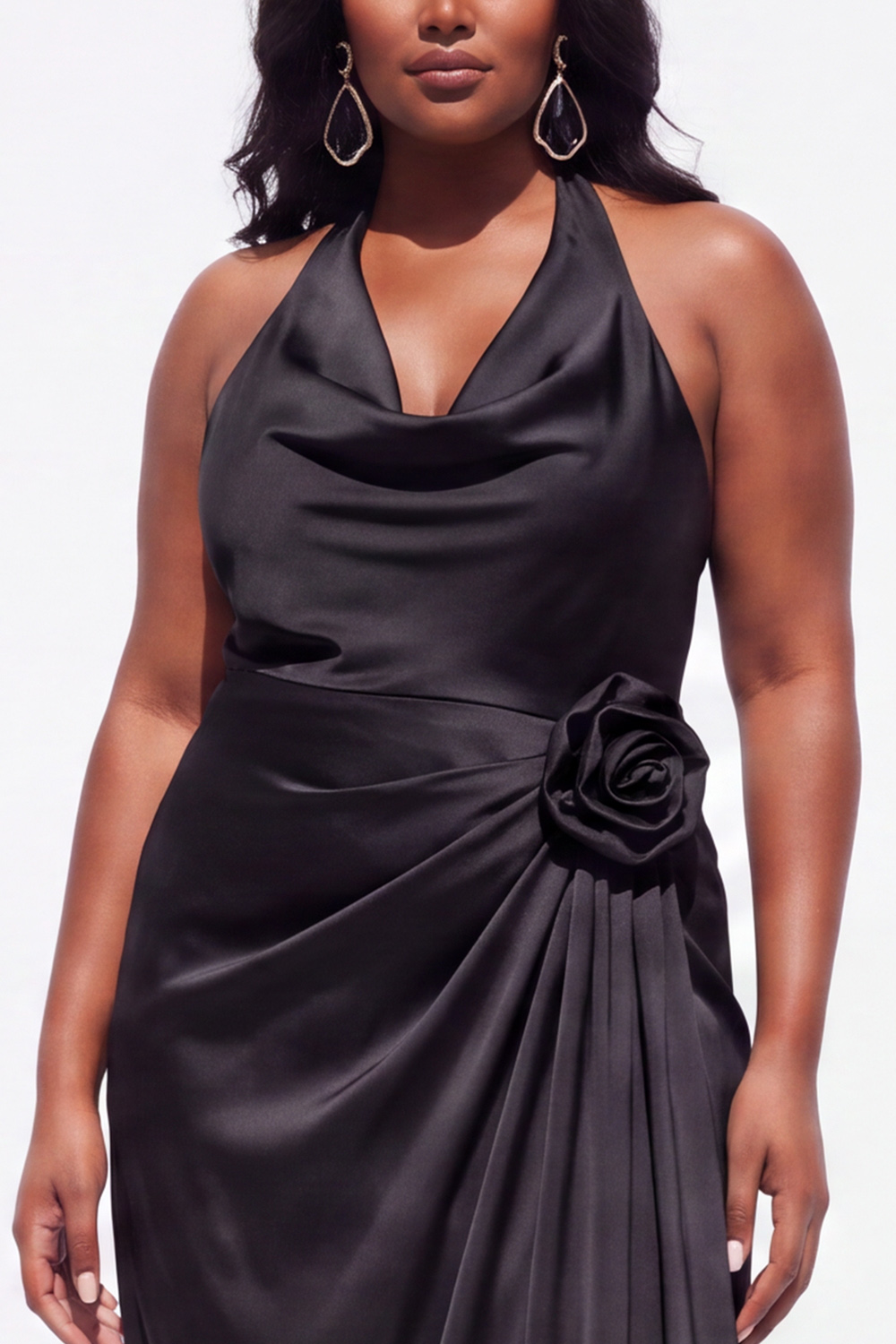 Halter Black Satin Sheath Ruched Plus Size Formal Dress with 3D Flower