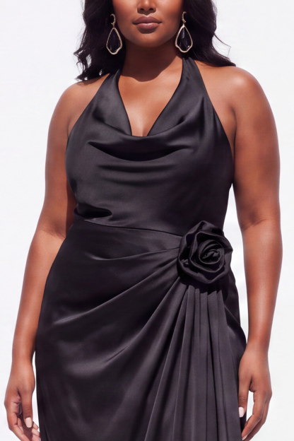 Halter Black Satin Sheath Ruched Plus Size Formal Dress with 3D Flower