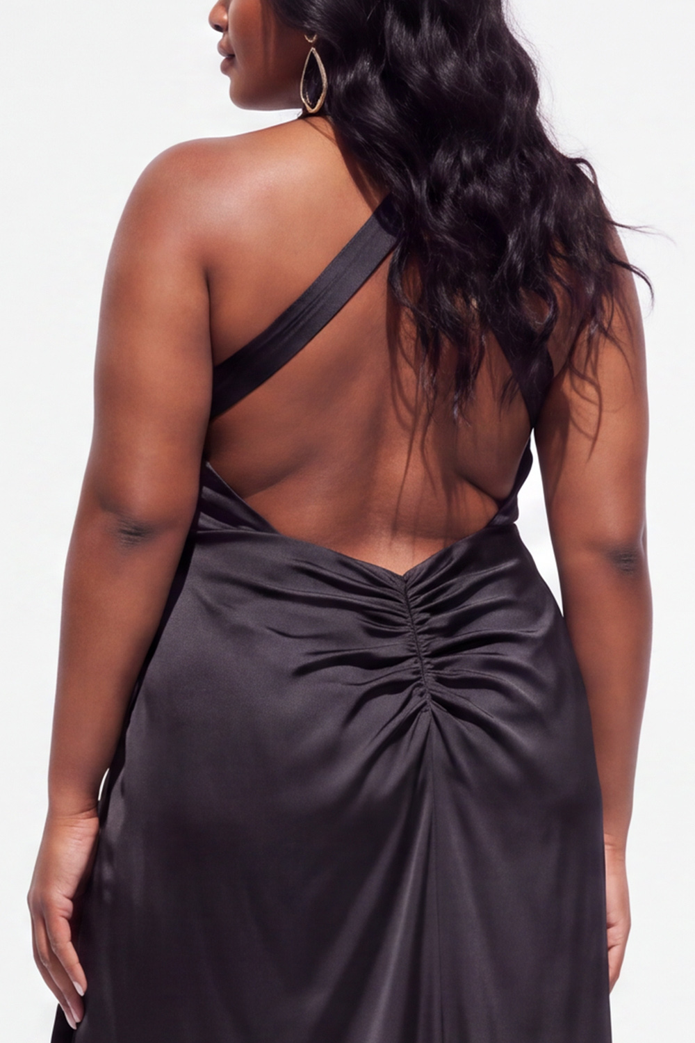 Halter Black Satin Sheath Ruched Plus Size Formal Dress with 3D Flower