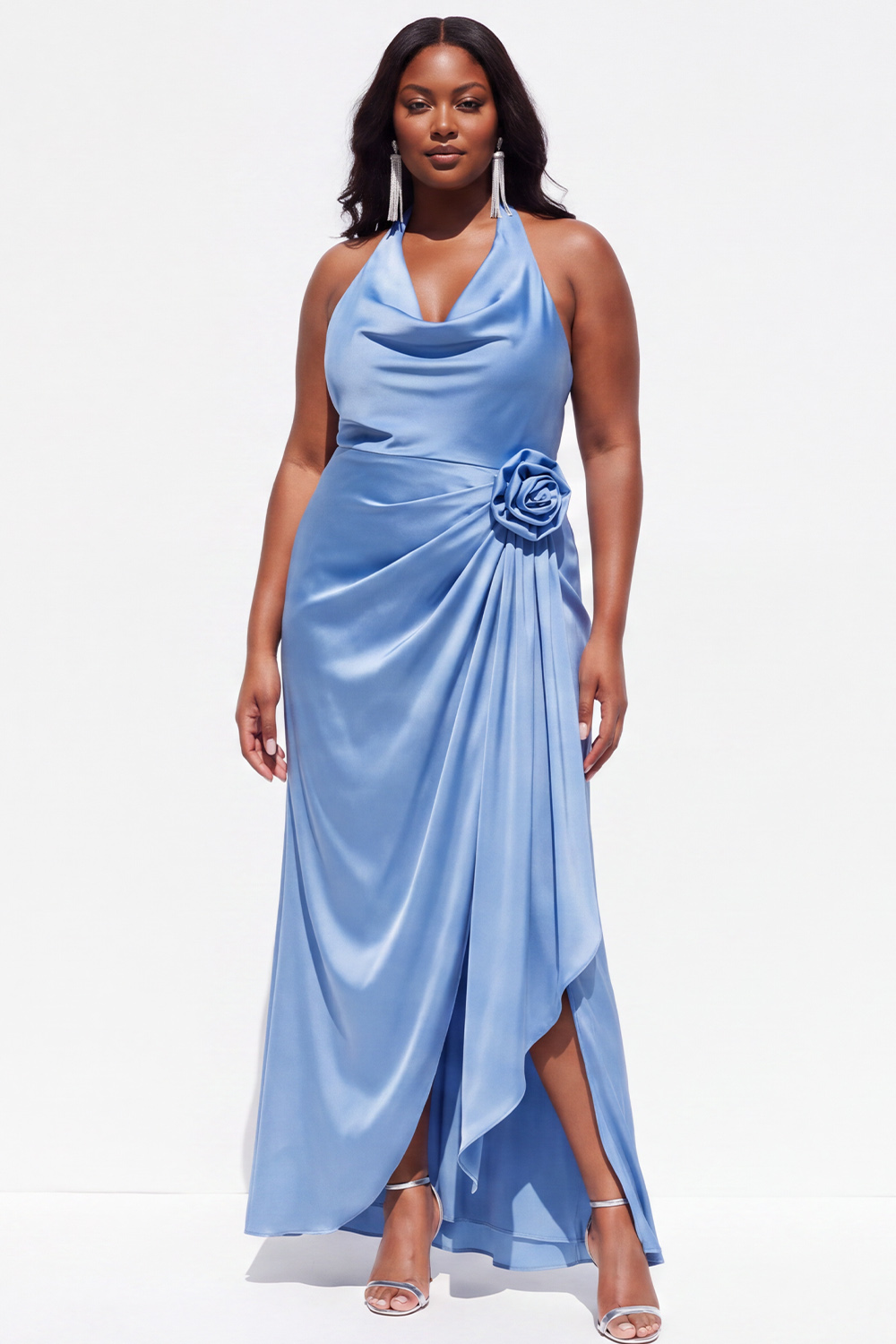 Halter Black Satin Sheath Ruched Plus Size Formal Dress with 3D Flower