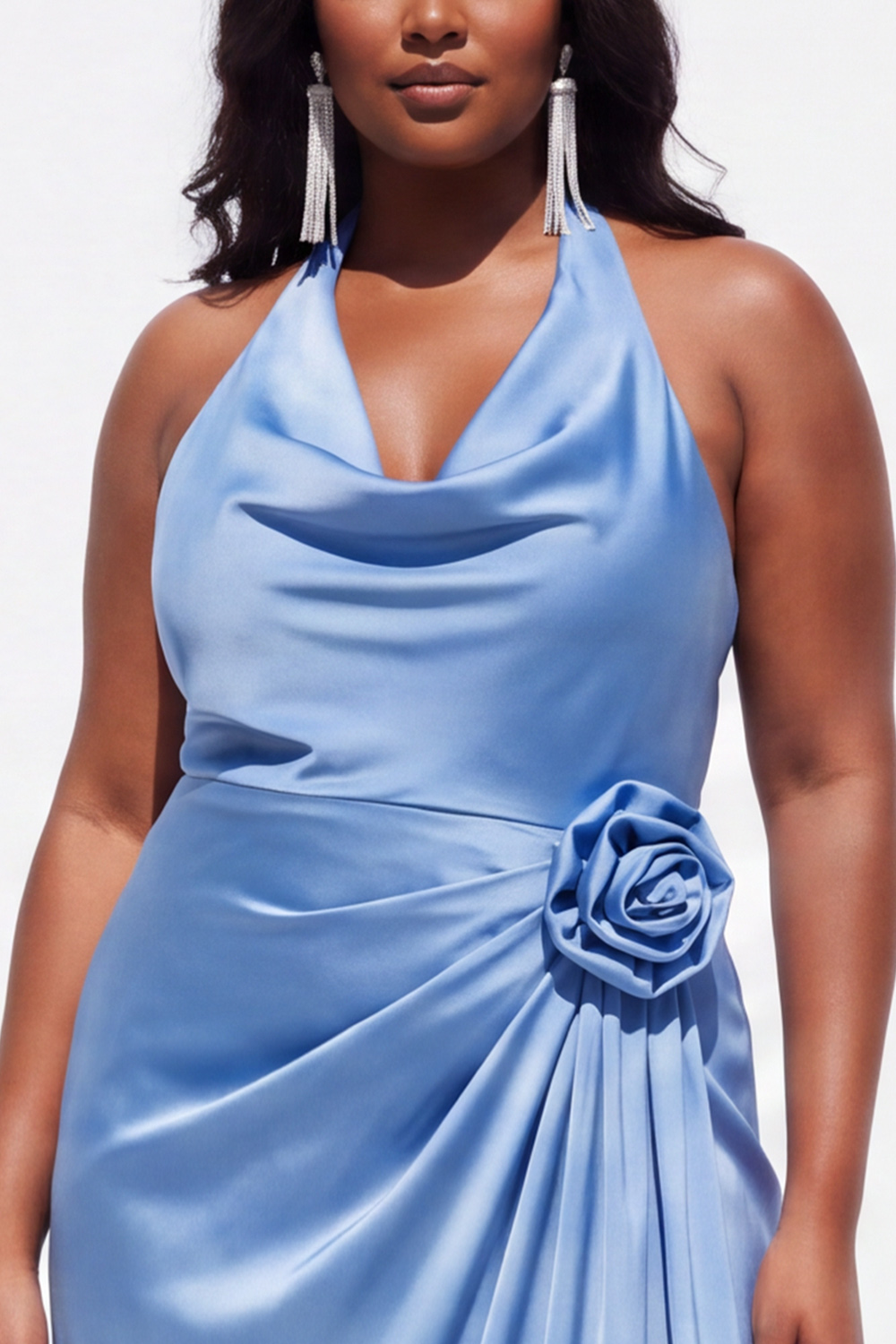 Halter Black Satin Sheath Ruched Plus Size Formal Dress with 3D Flower