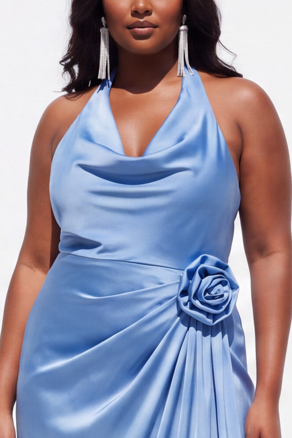 Halter Black Satin Sheath Ruched Plus Size Formal Dress with 3D Flower
