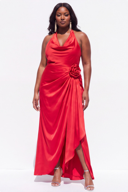 Halter Black Satin Sheath Ruched Plus Size Formal Dress with 3D Flower