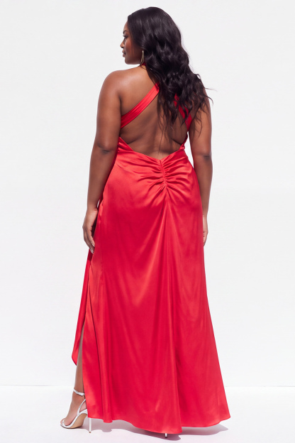 Halter Black Satin Sheath Ruched Plus Size Formal Dress with 3D Flower