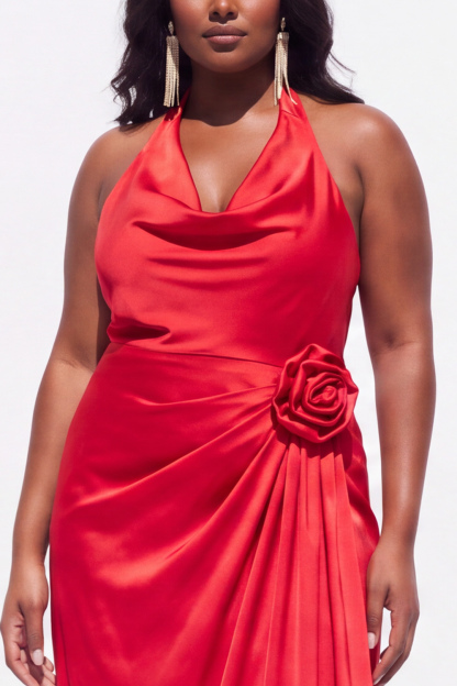 Halter Black Satin Sheath Ruched Plus Size Formal Dress with 3D Flower