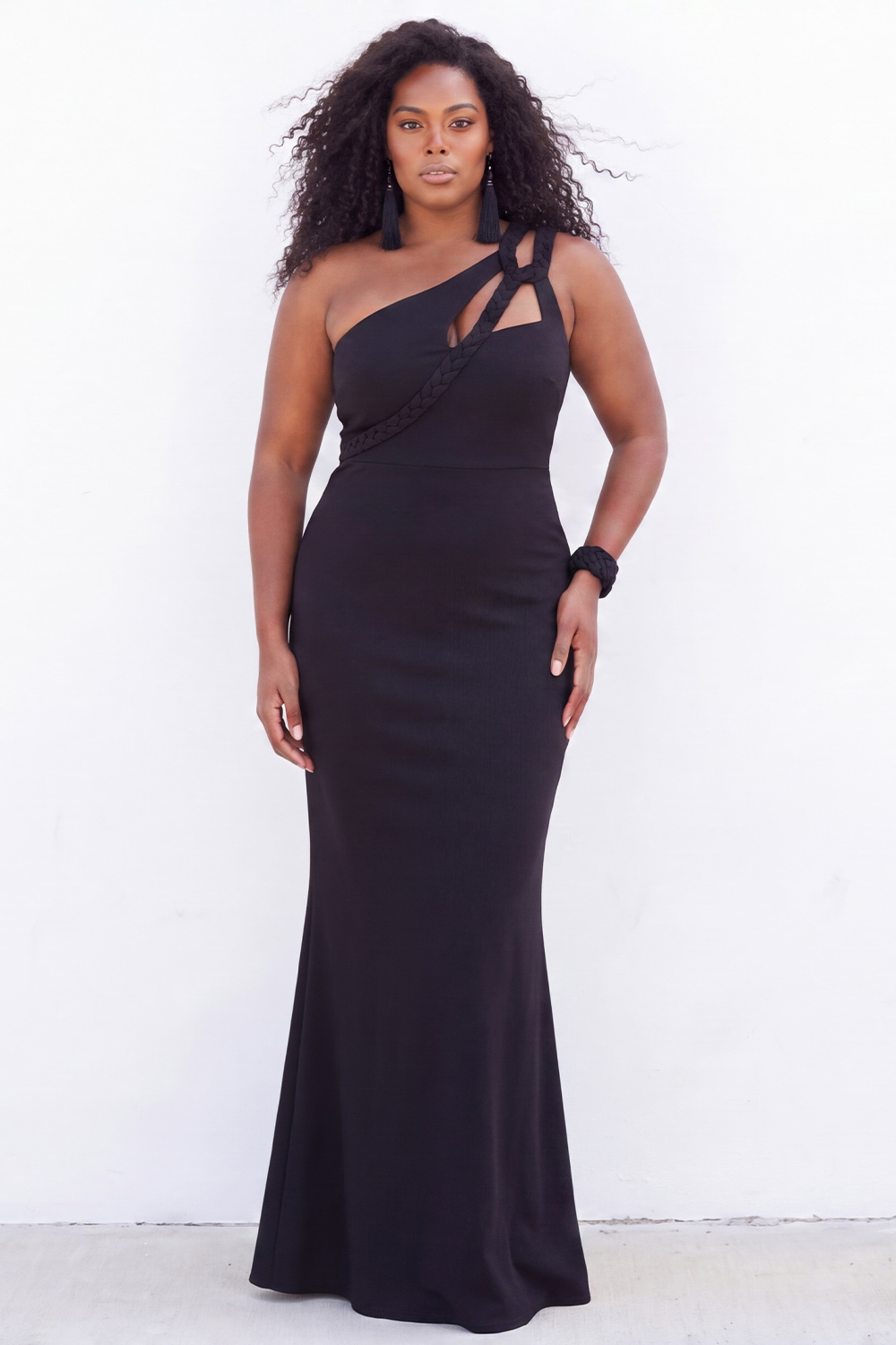 Black Plus Size Mermaid One Shoulder Cut Out Long Formal Dress